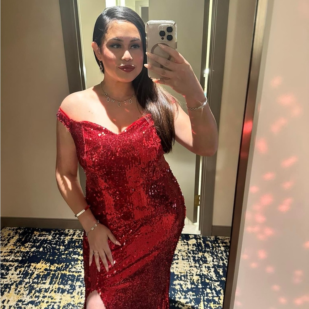 Off shoulder Sparkly red gown